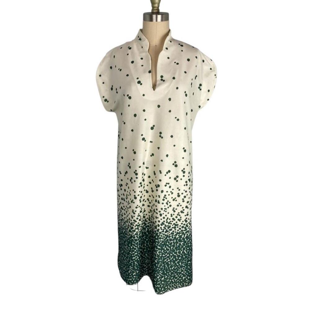 Vintage Cream Green Polka Dot Shift Dress Medium Knee Length Retro Short Sleeve